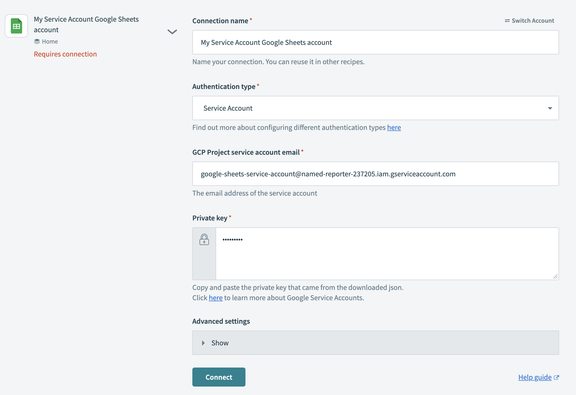 Configuring Google Sheet SA connection