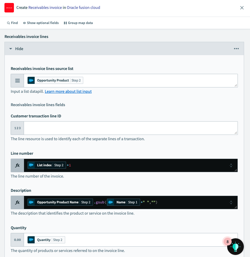 Passing list to create Invoice lines under Receivable Invoice