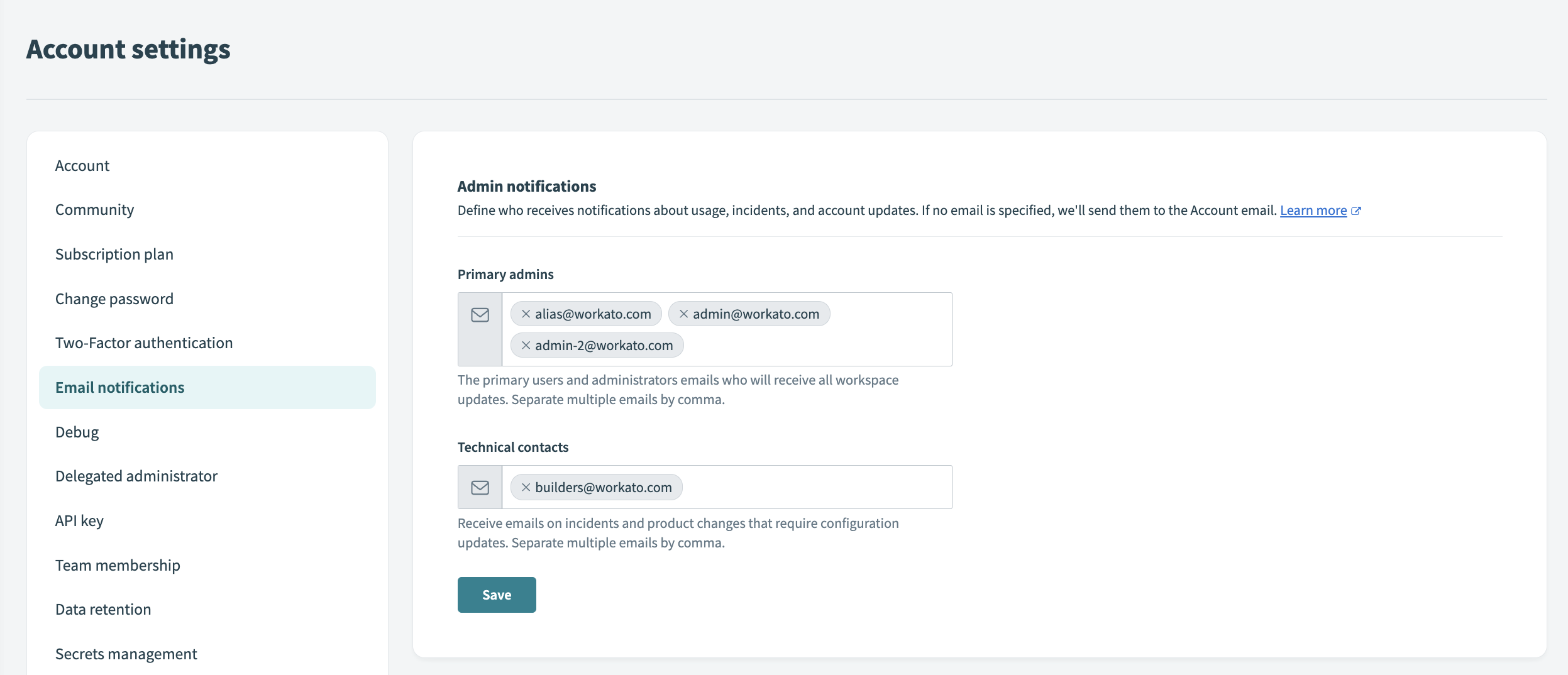 Configure admin notification contacts