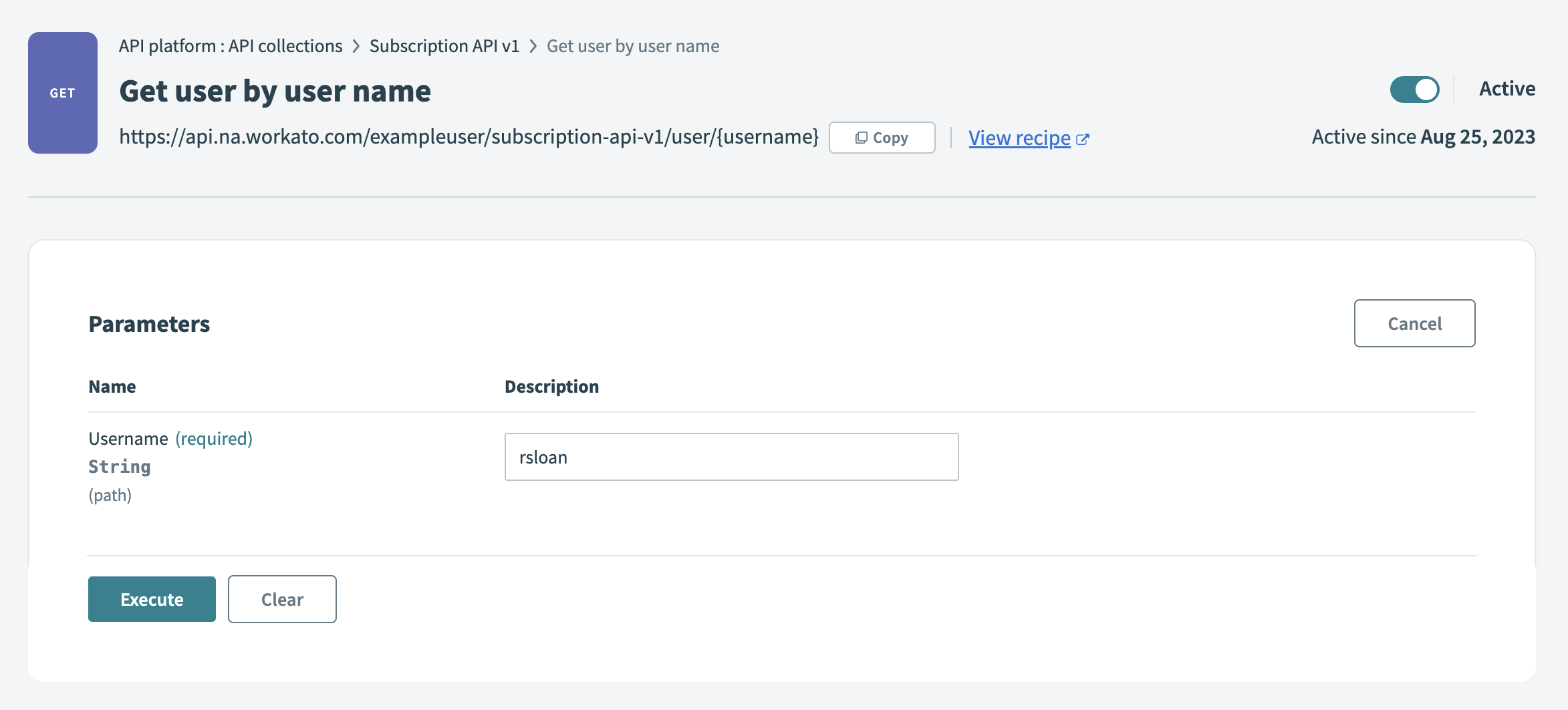 Entering a path parameter for a recipe endpoint