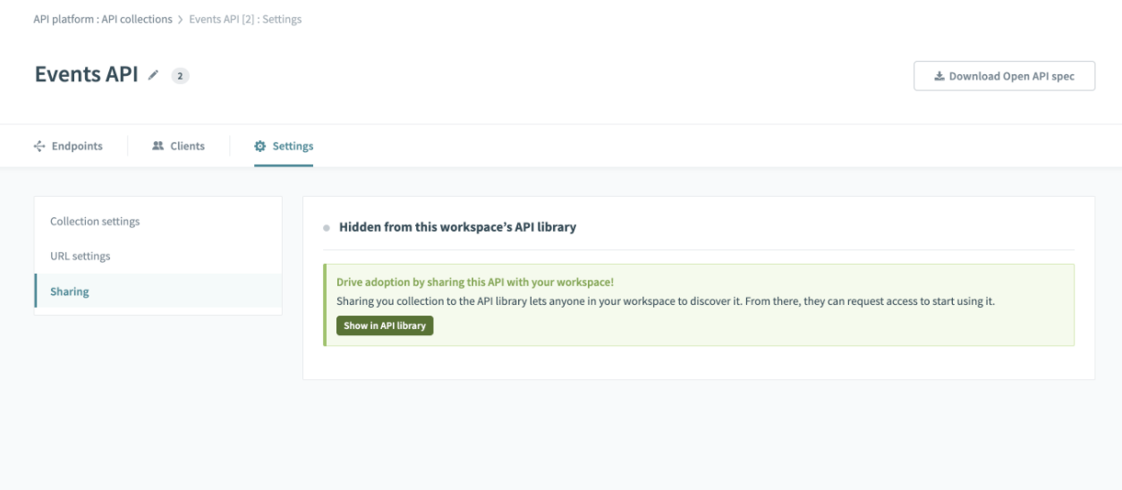 API collection > Settings > Sharing > Show in API library