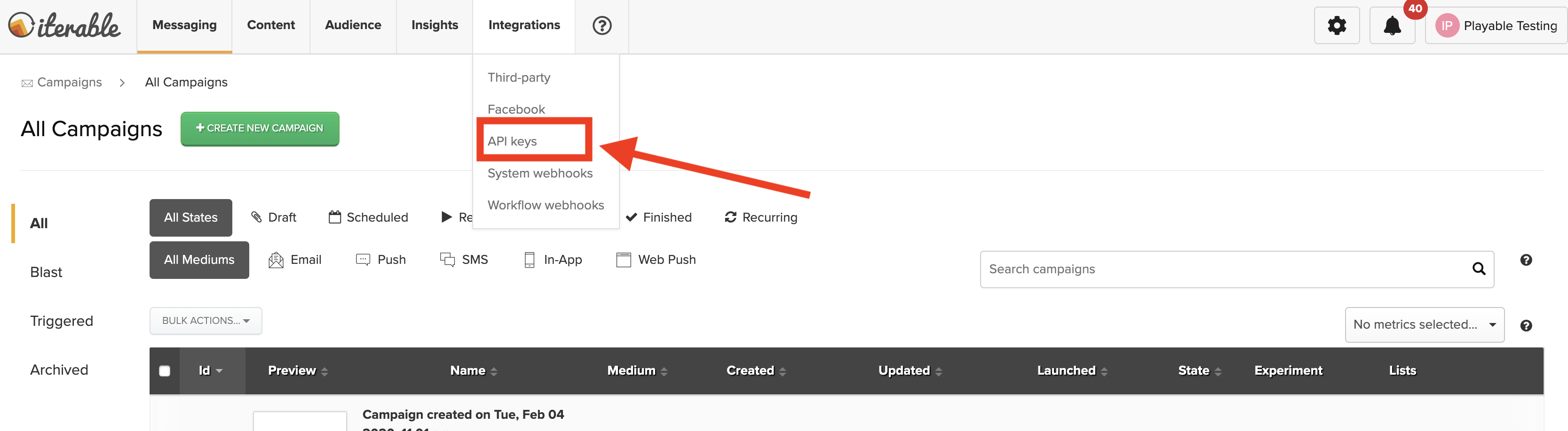 Navigating to API key settings