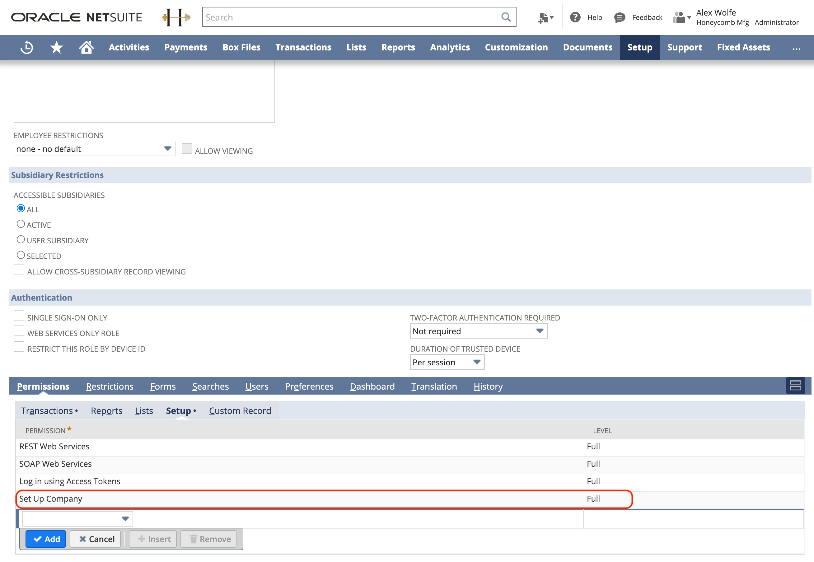 Assign Set Up Company permissions