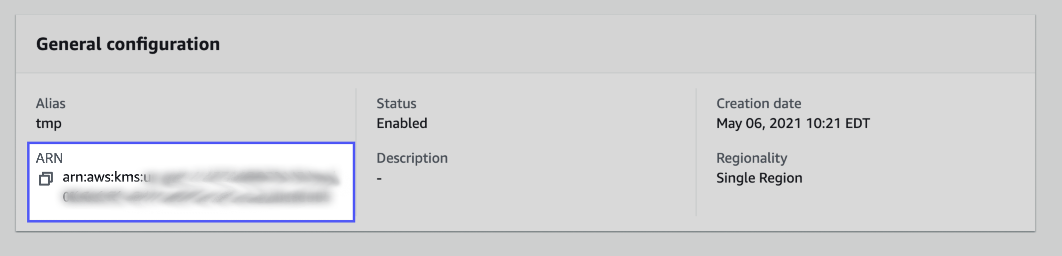 Highlighted ARN field in the General Configuration section of the key details page in AWS
