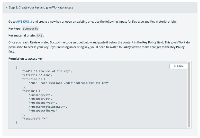 The AWS Key policy on the Workato Key management settings page