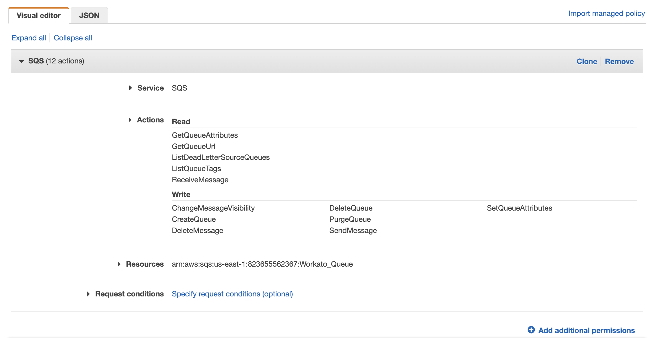 Configured IAM access policy in the AWS Create Policy screen