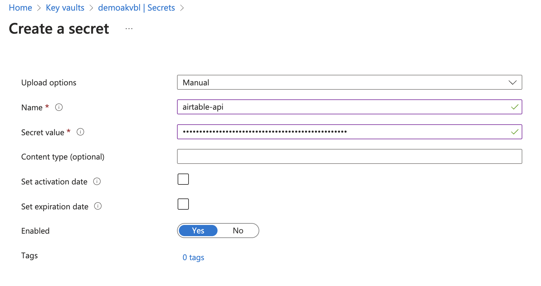 Create a secret in Azure Key Vault