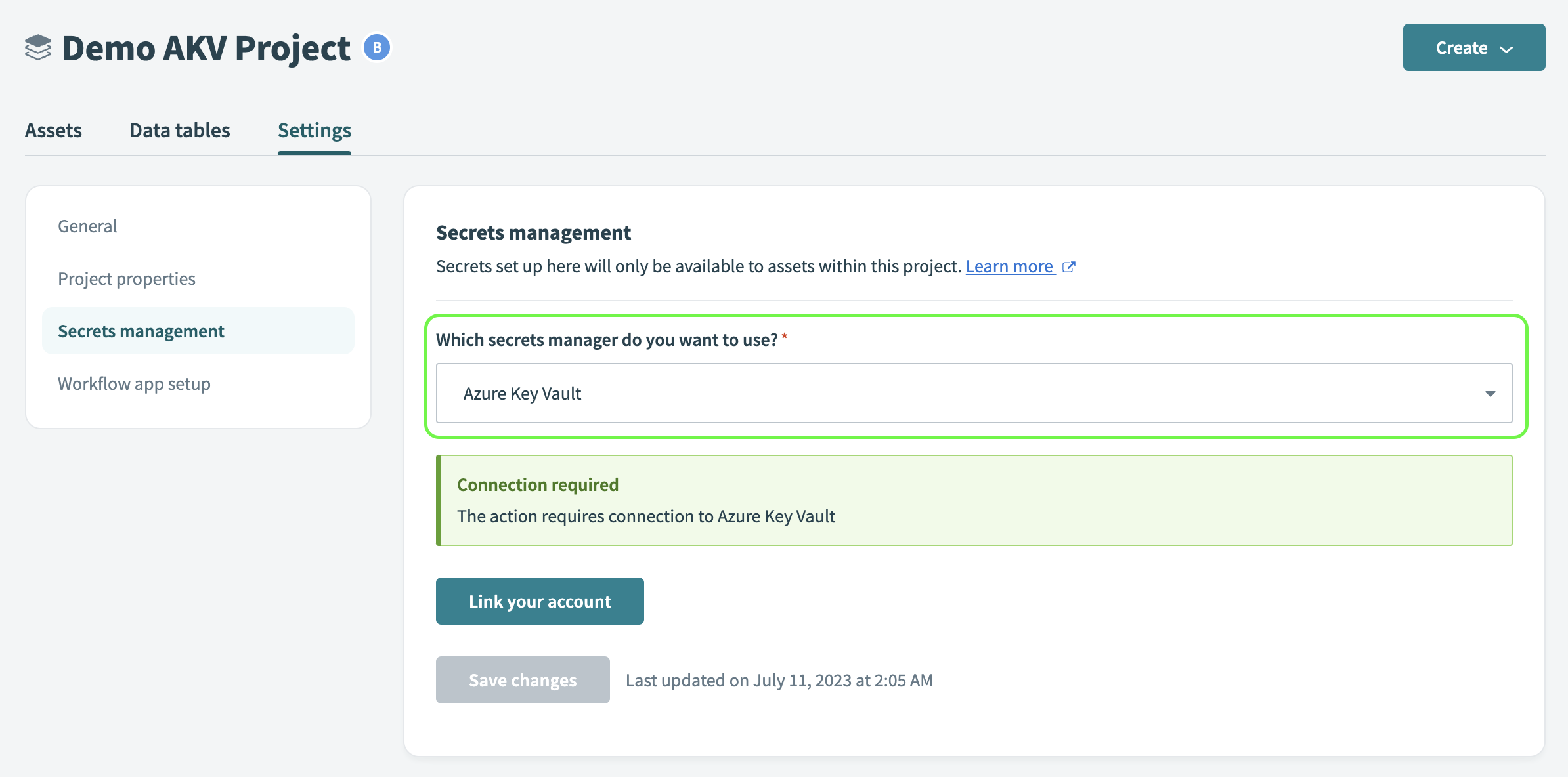 Secrets management interface of a project