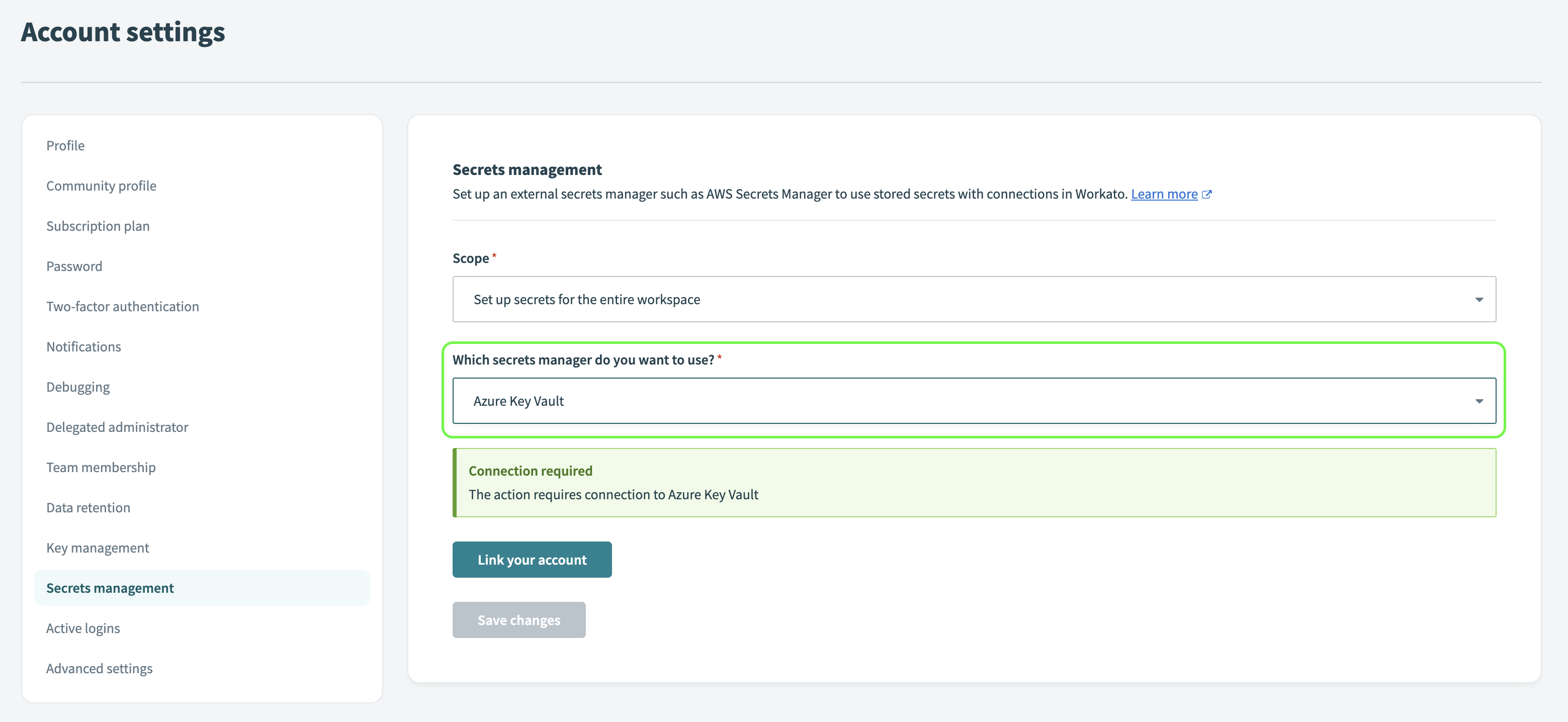 Secrets management interface of a workspace