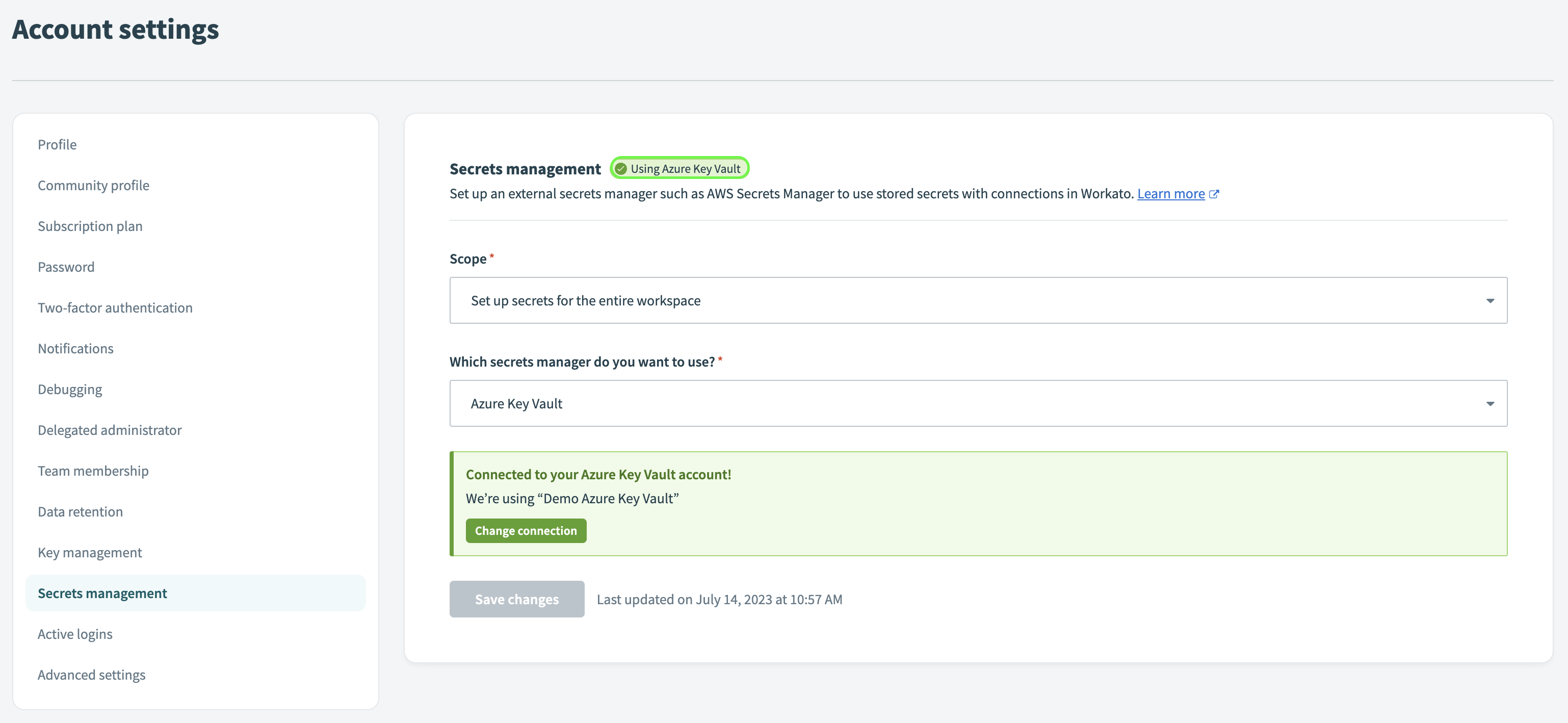 Successfully configured workspace-level Azure Key Vault