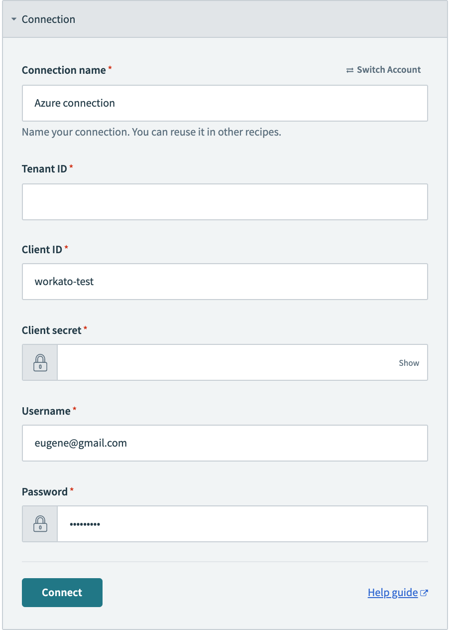 Configured Azure connection fields