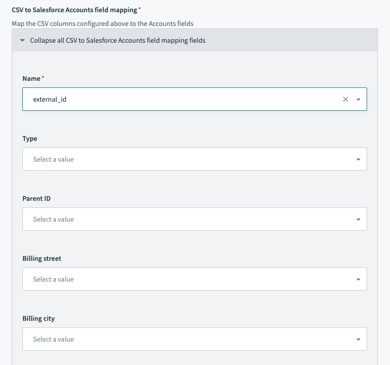 Salesforce bulk upsert action - configured fields mapping section