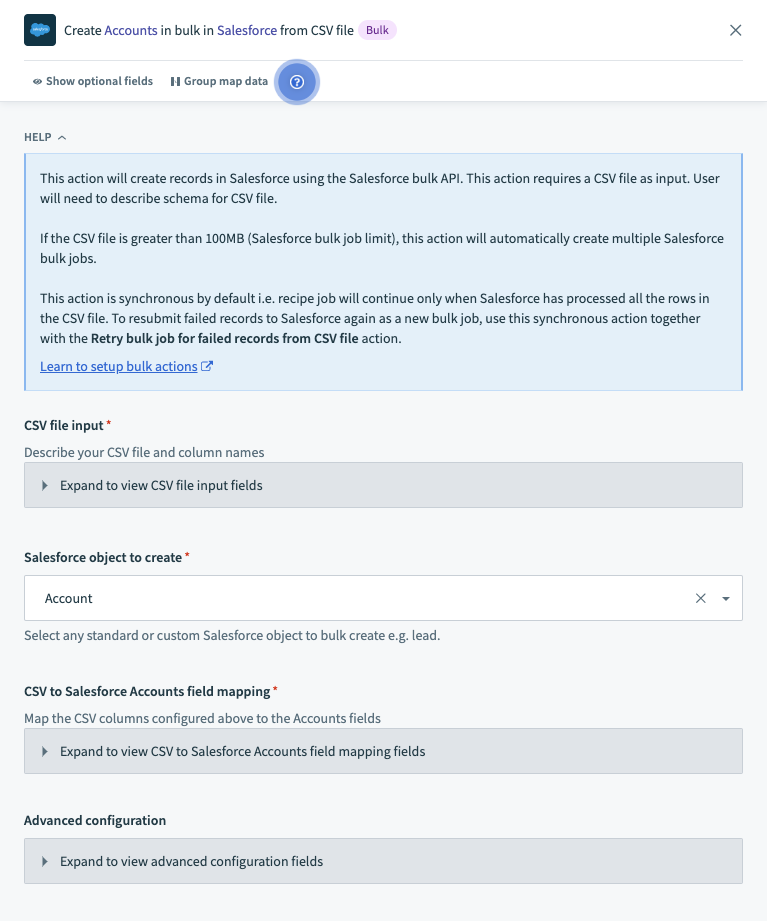 Salesforce bulk create via CSV file action sections