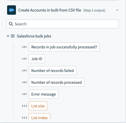 Salesforce bulk operation output datatree - list of bulk jobs