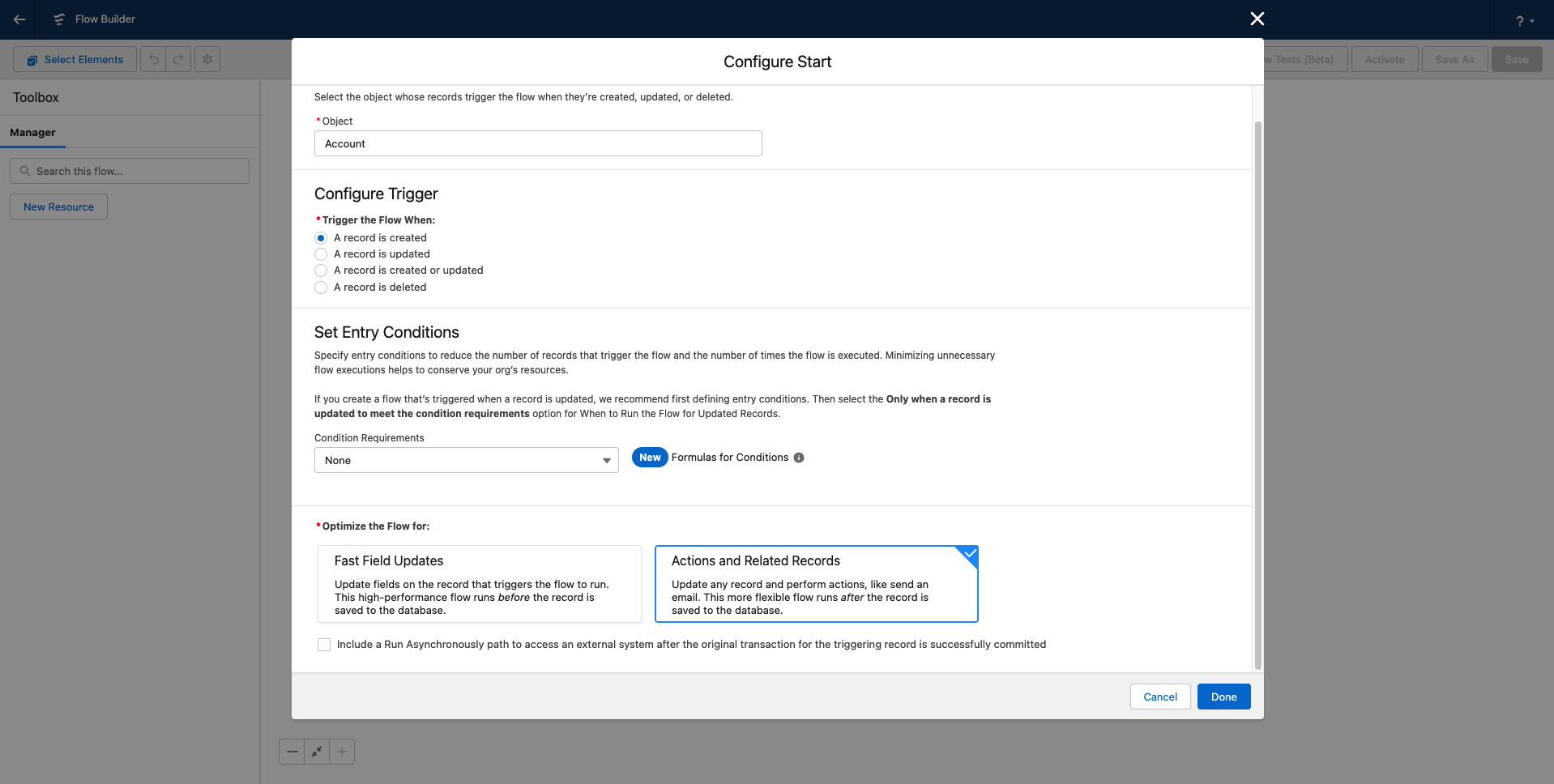 Setup the Salesforce flow to be triggered when record is created