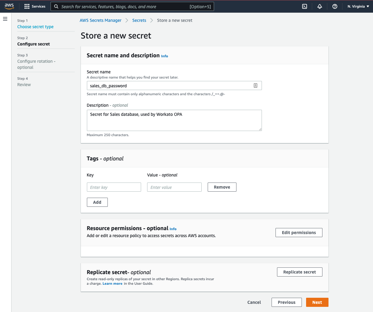 Configure Secret page in AWS Secrets Manager