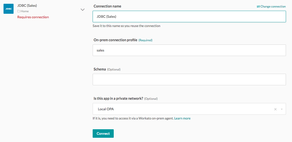 JDBC connection using on-premise agent