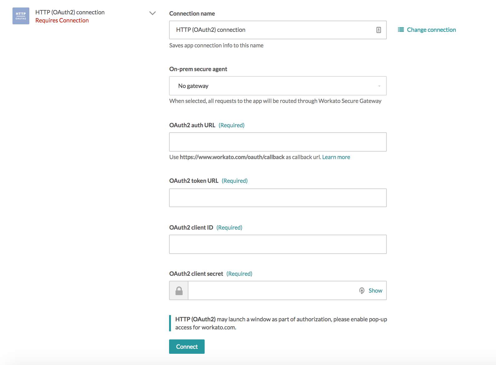 HTTP (OAuth2) connector's connection fields