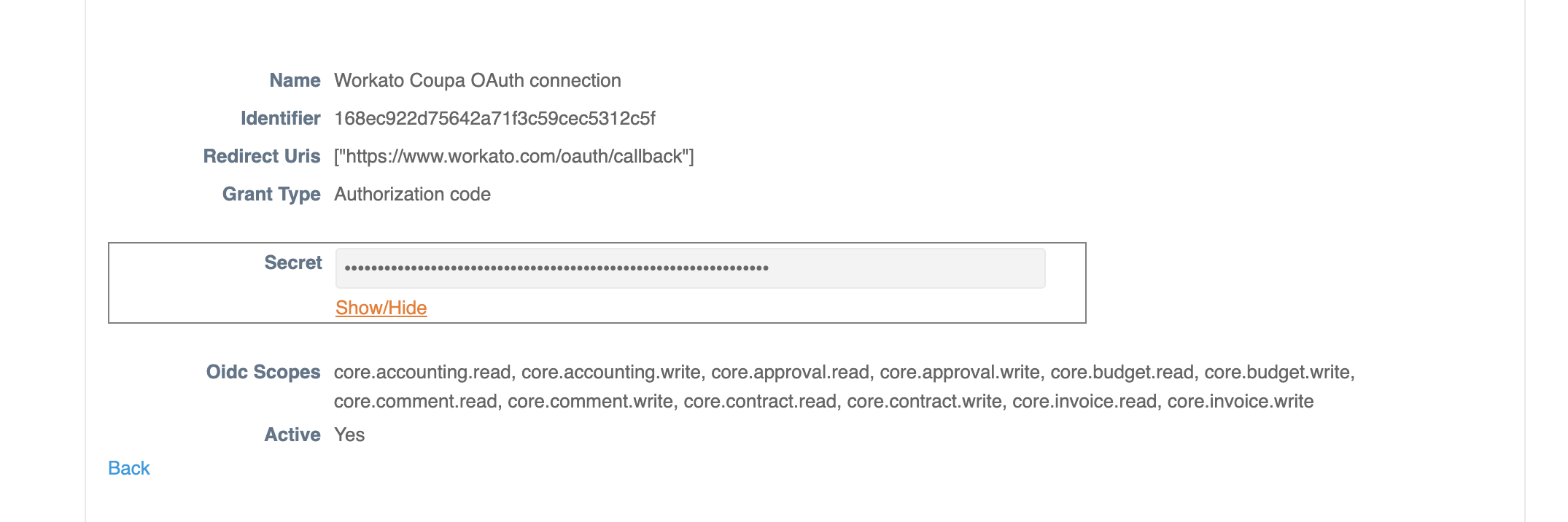 Coupa saved client connection settings