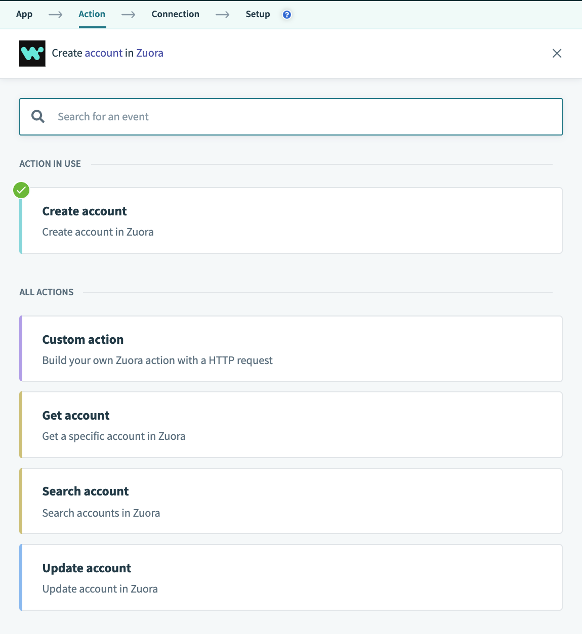 Selecting the create account action