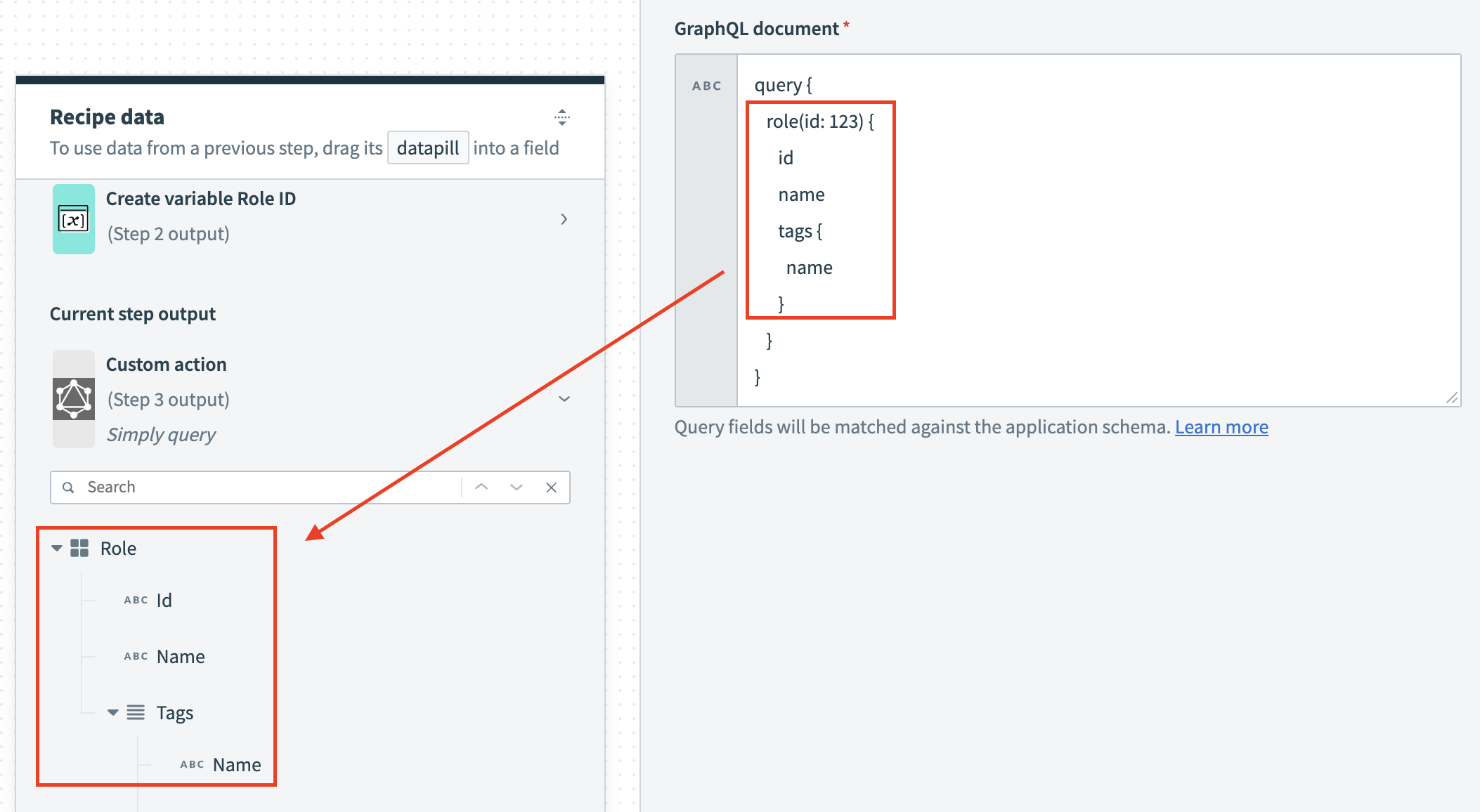 Example output fields for the GraphQL custom action