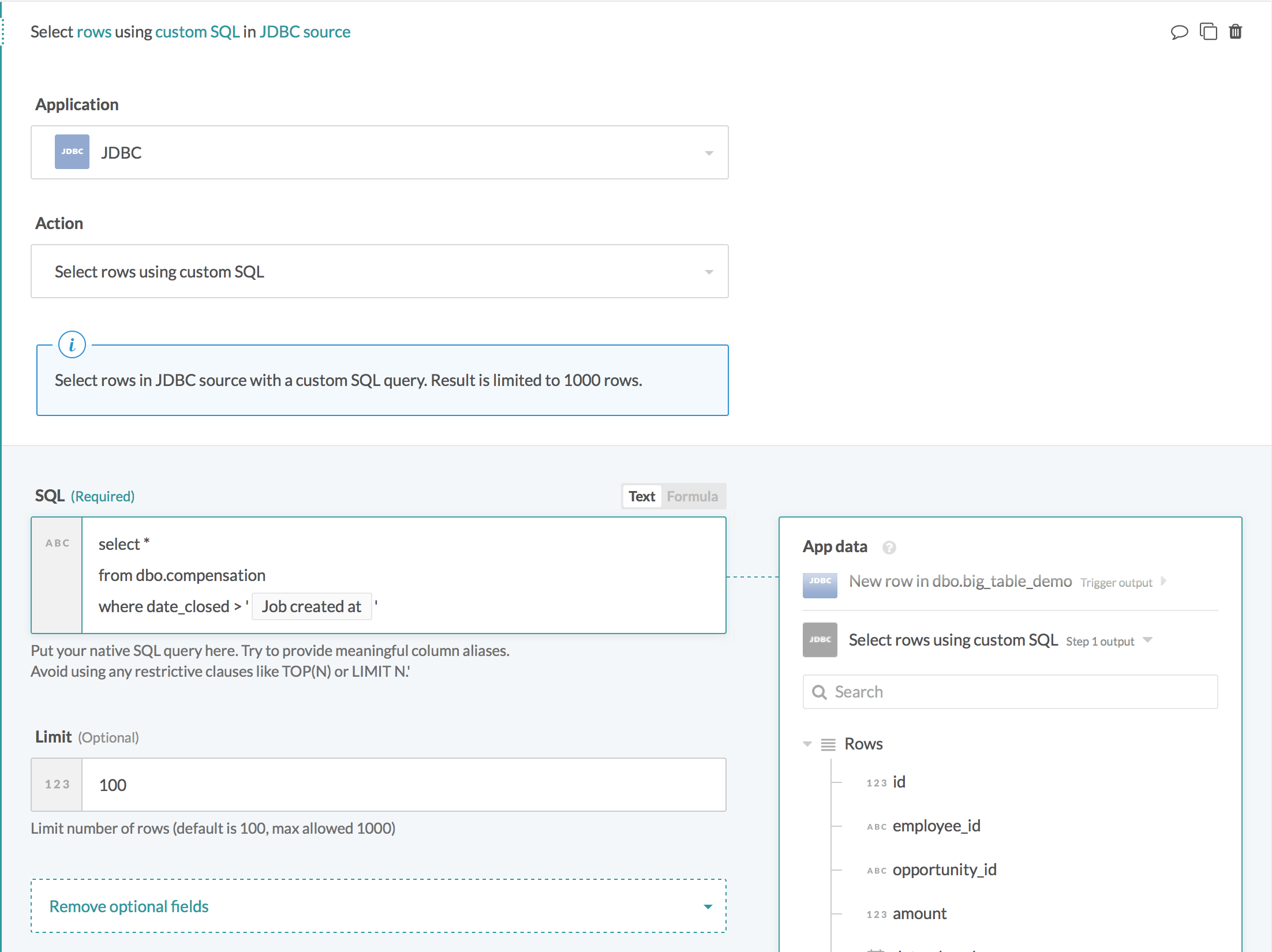 Select rows using custom SQL action