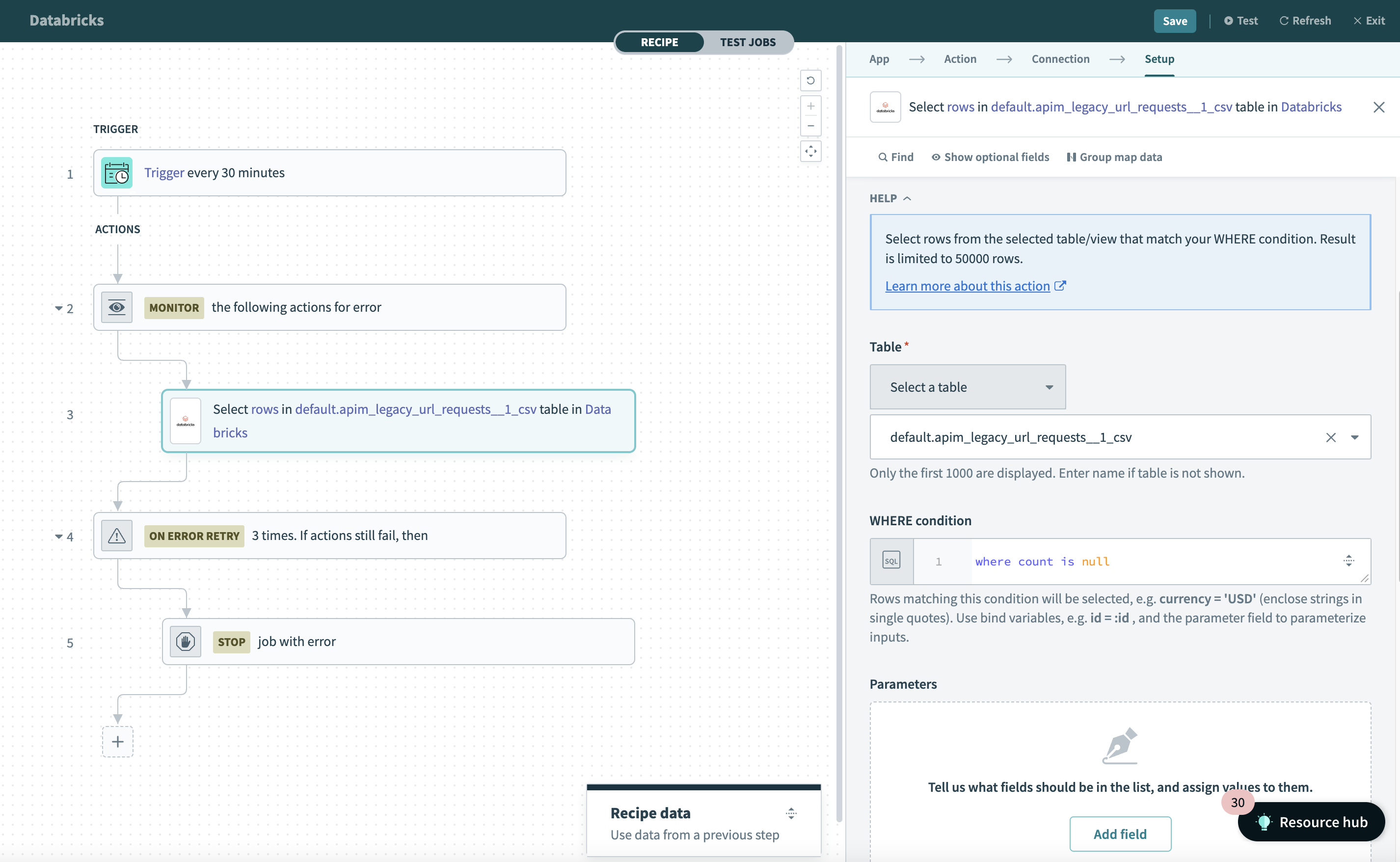 Select rows action