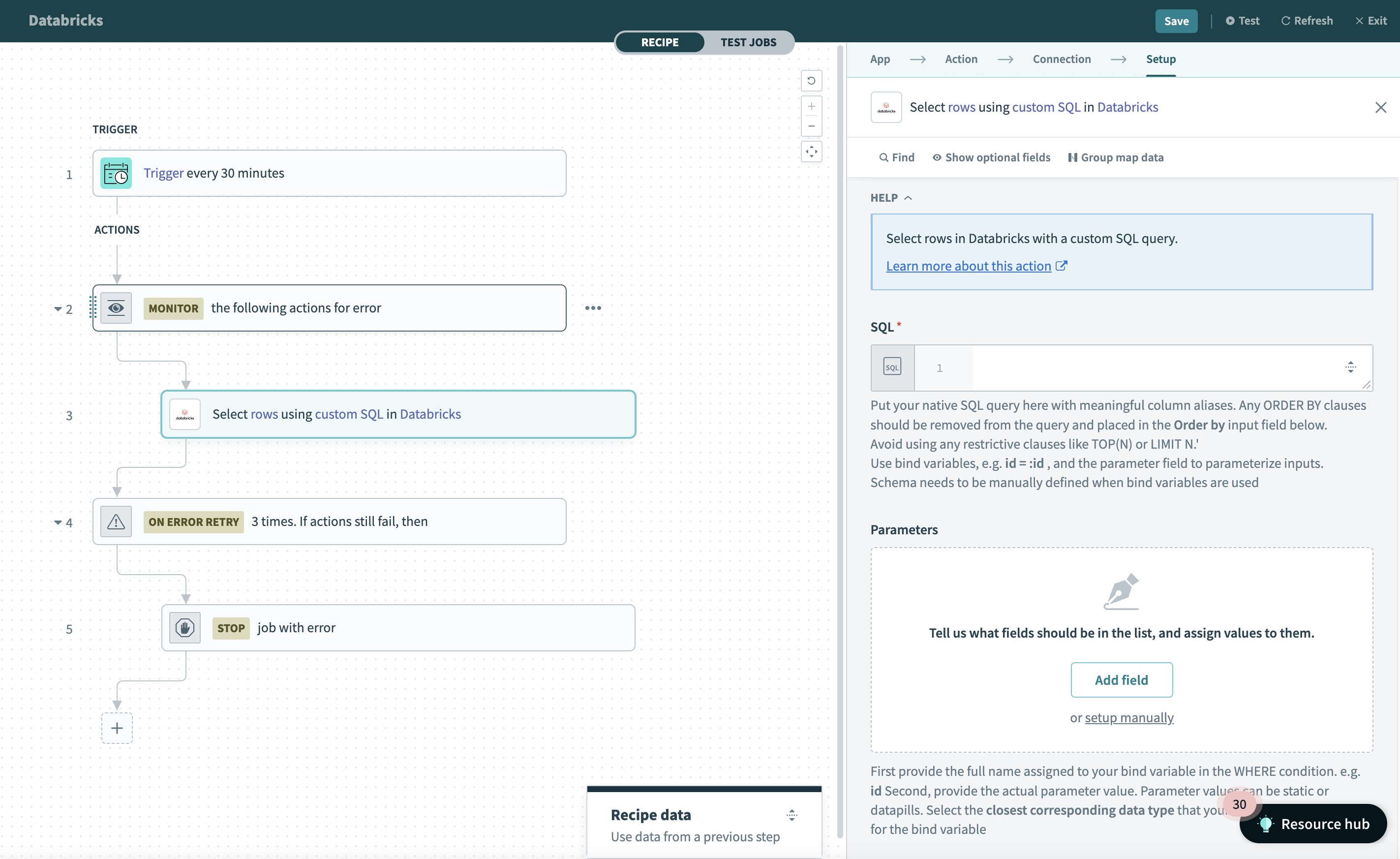 Select rows using custom SQL action