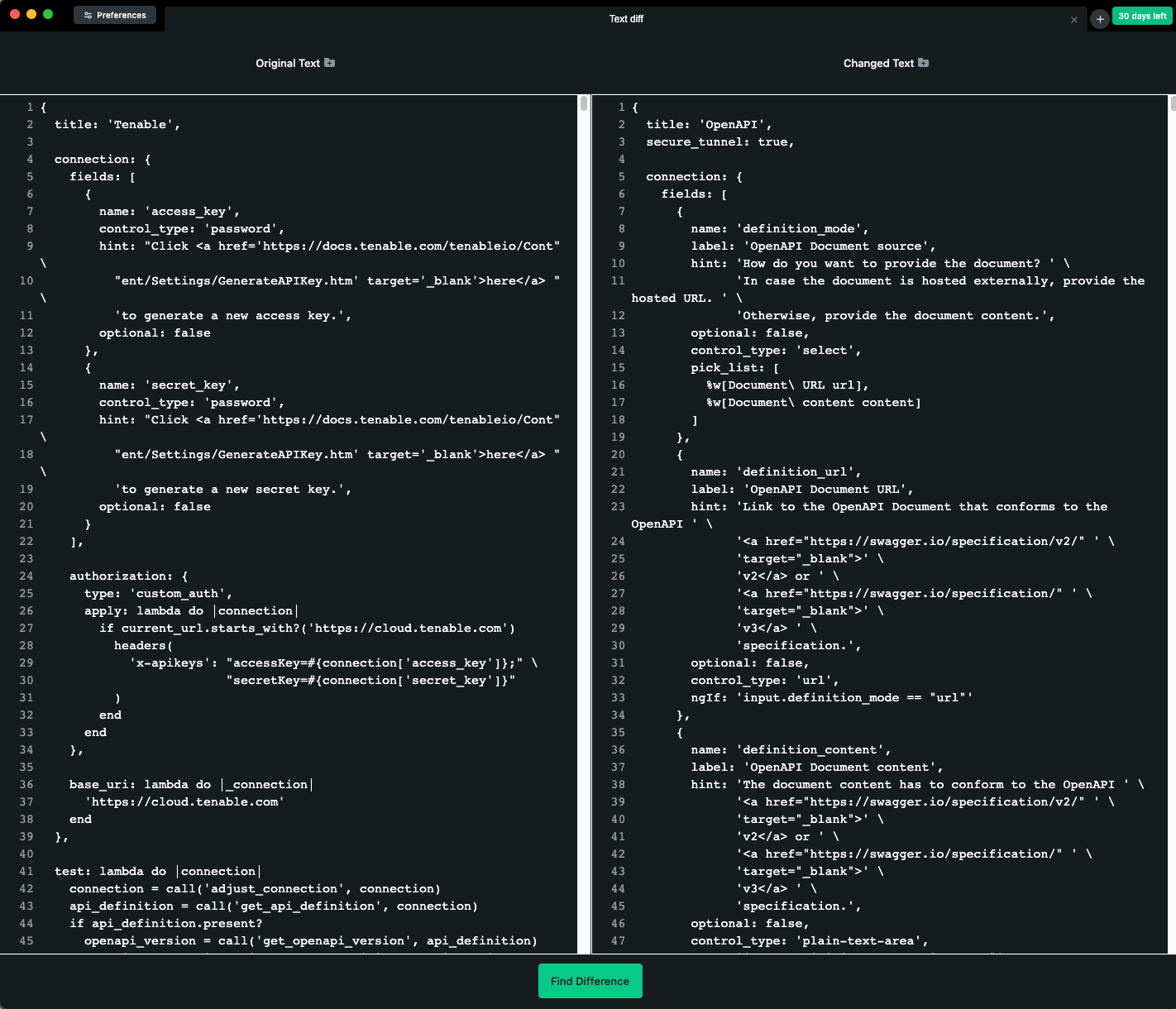 Code setup in the Diffchecker app