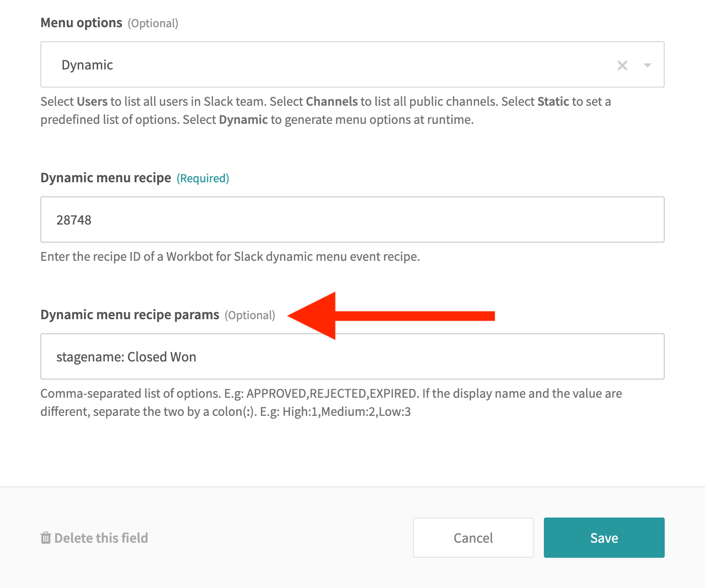 Dynamic menu recipe params