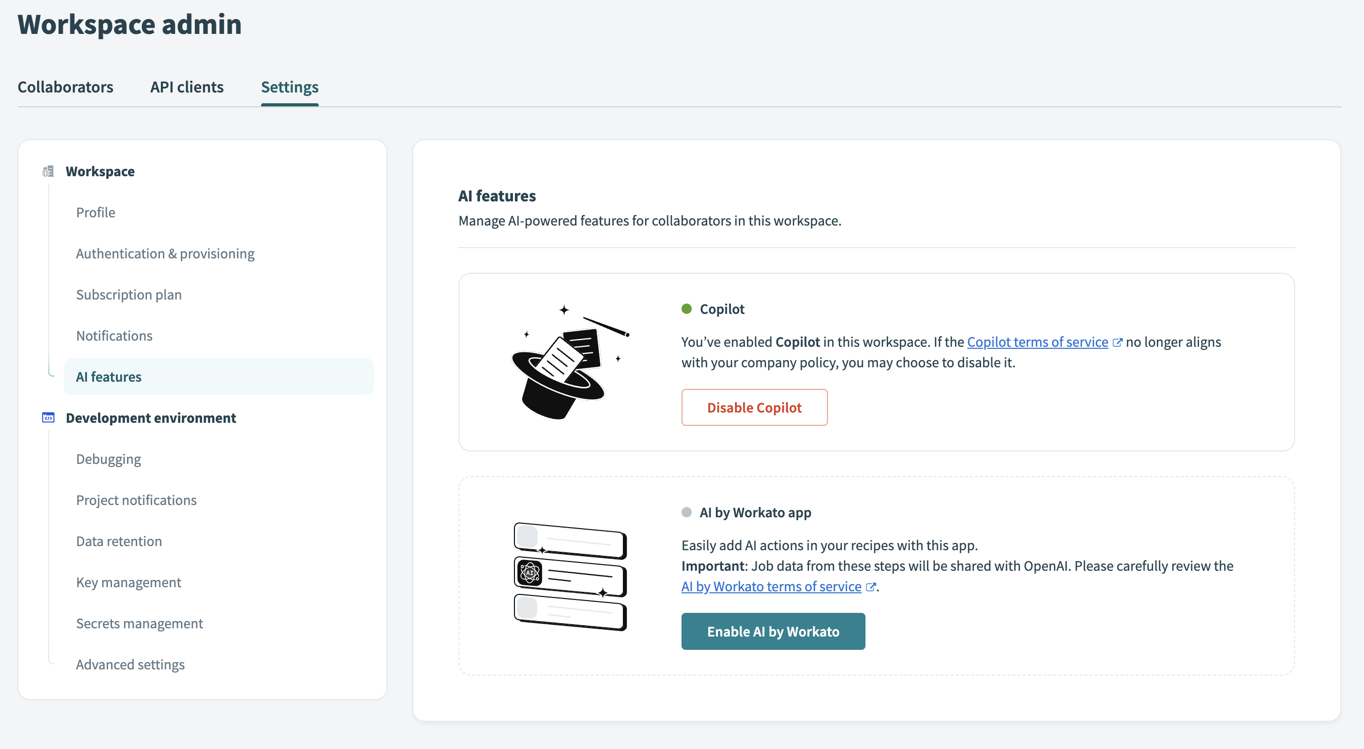 Enable AI by Workato in your workspace settings