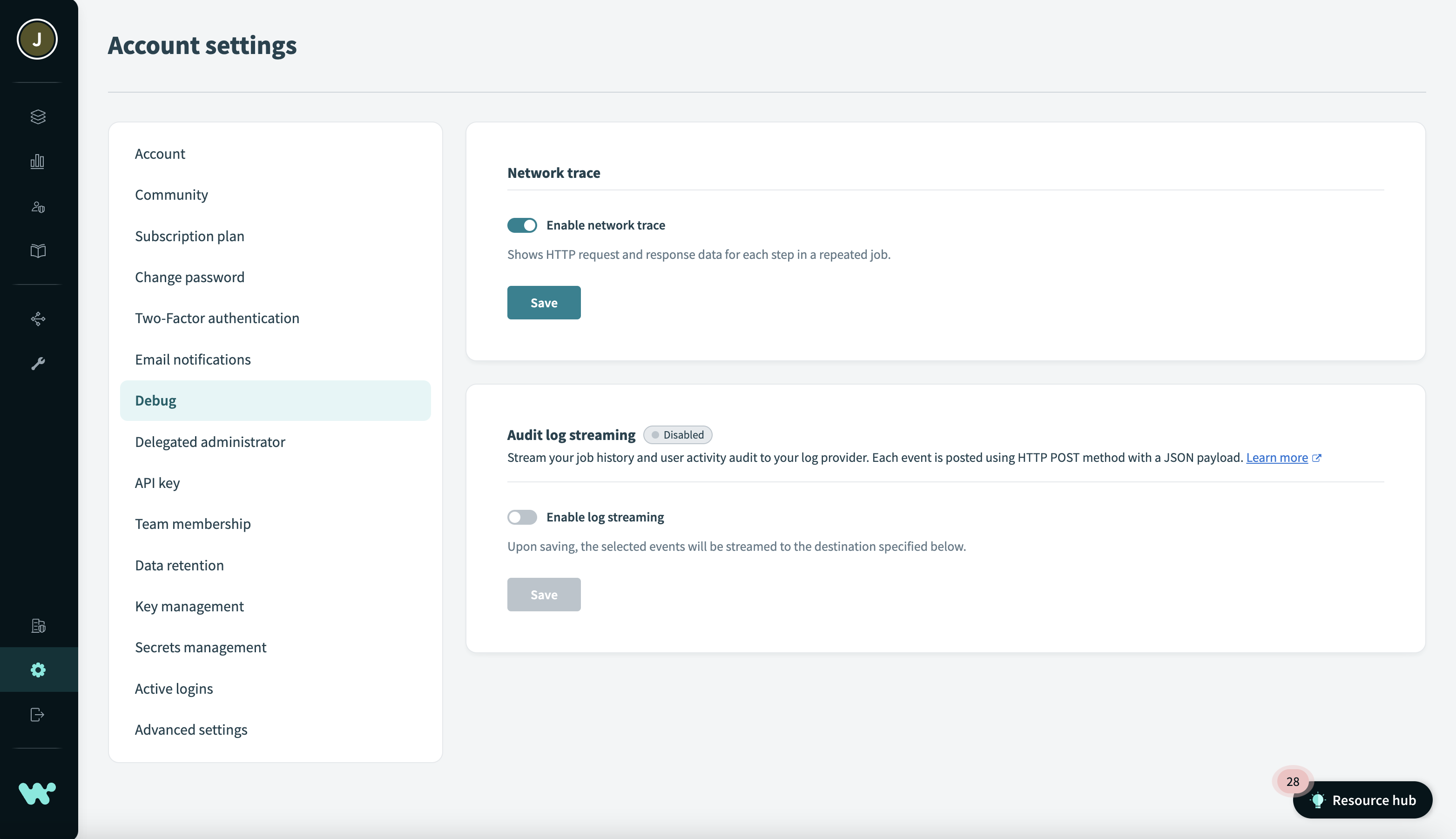 Enable or disable job debug tracing