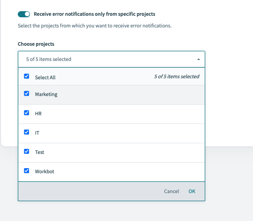 Error notification from select projects
