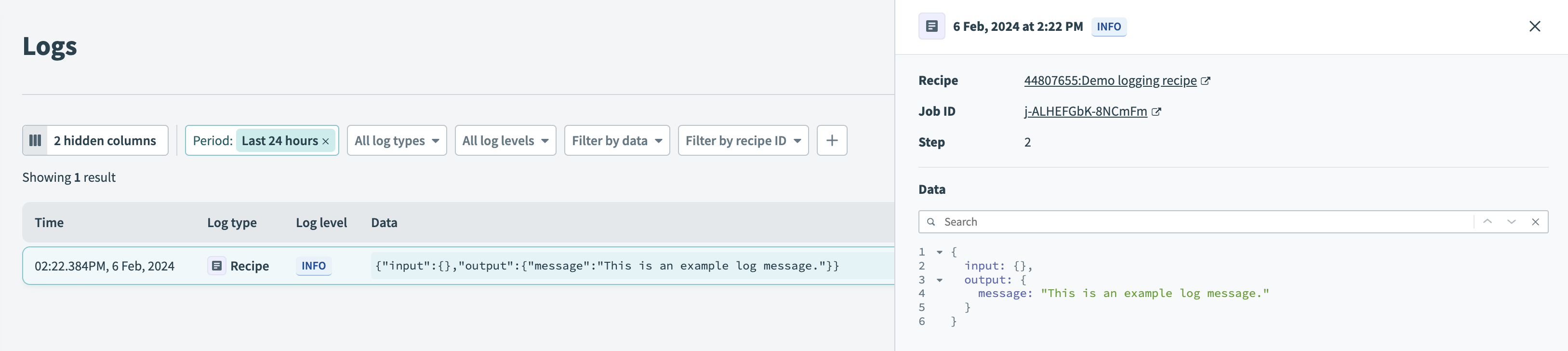 Example log entry data