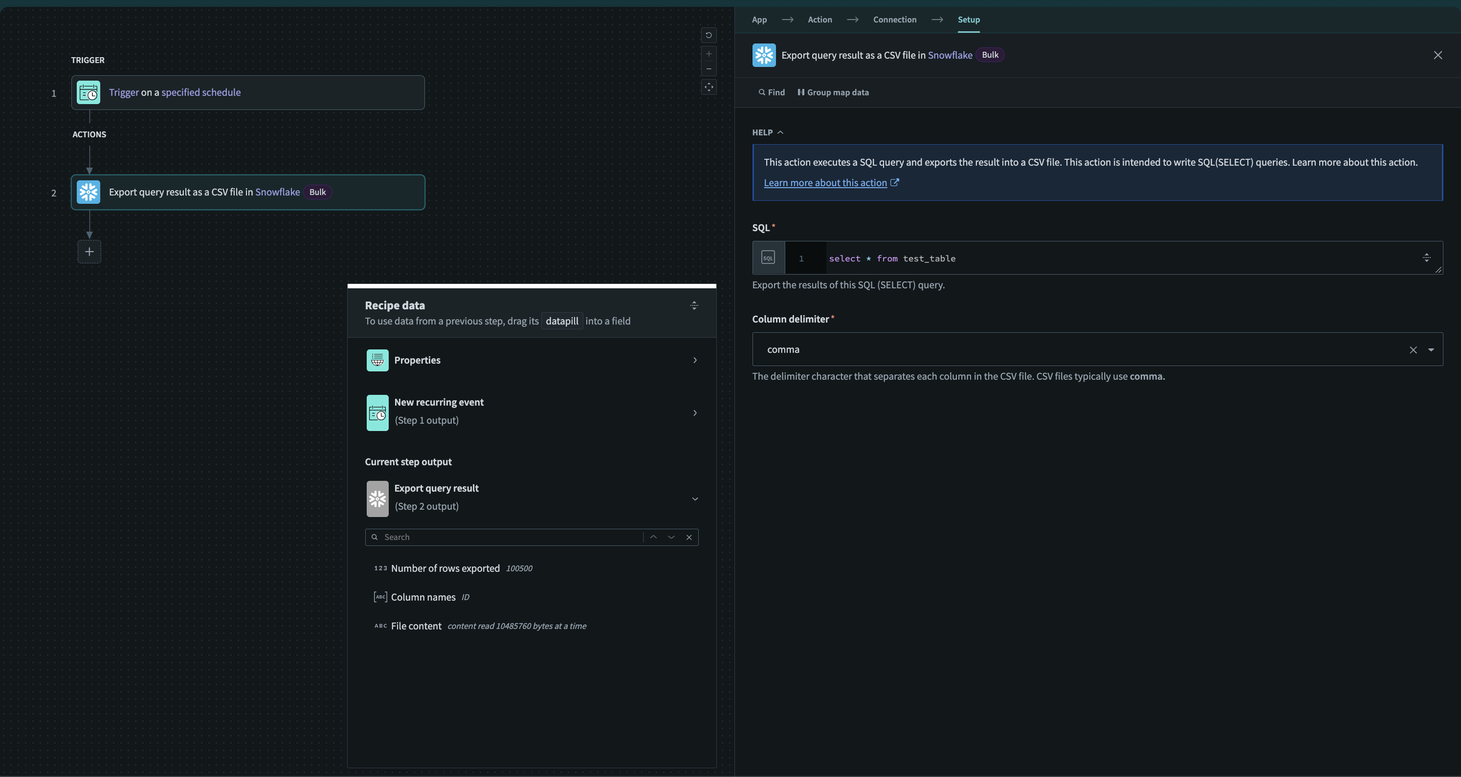 Export query result action