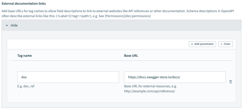 External documentation links configured for an OpenAPI connector in Workato