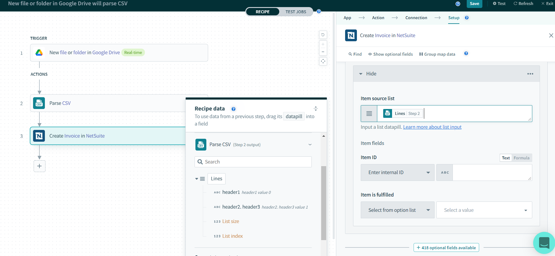 Example recipe: Create invoice from CSV