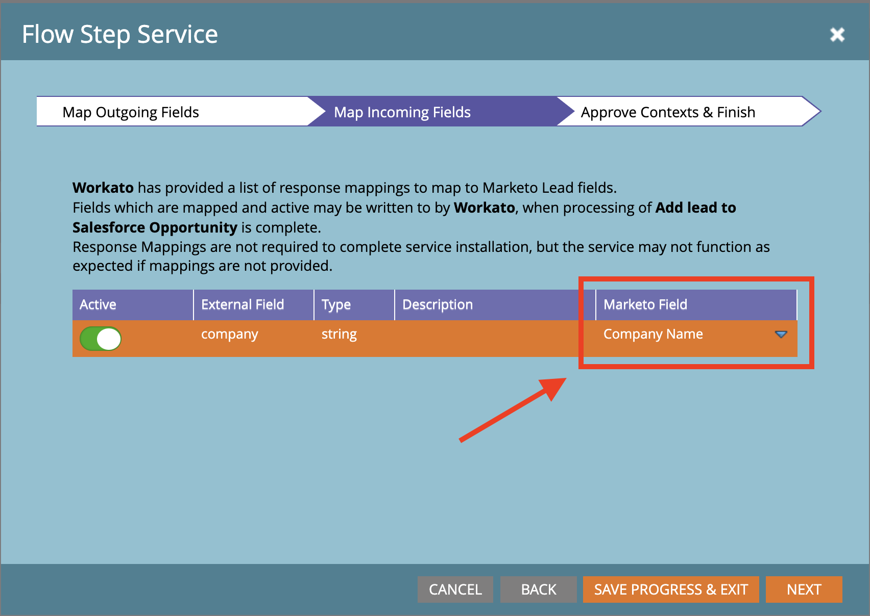 Service field mapping setup