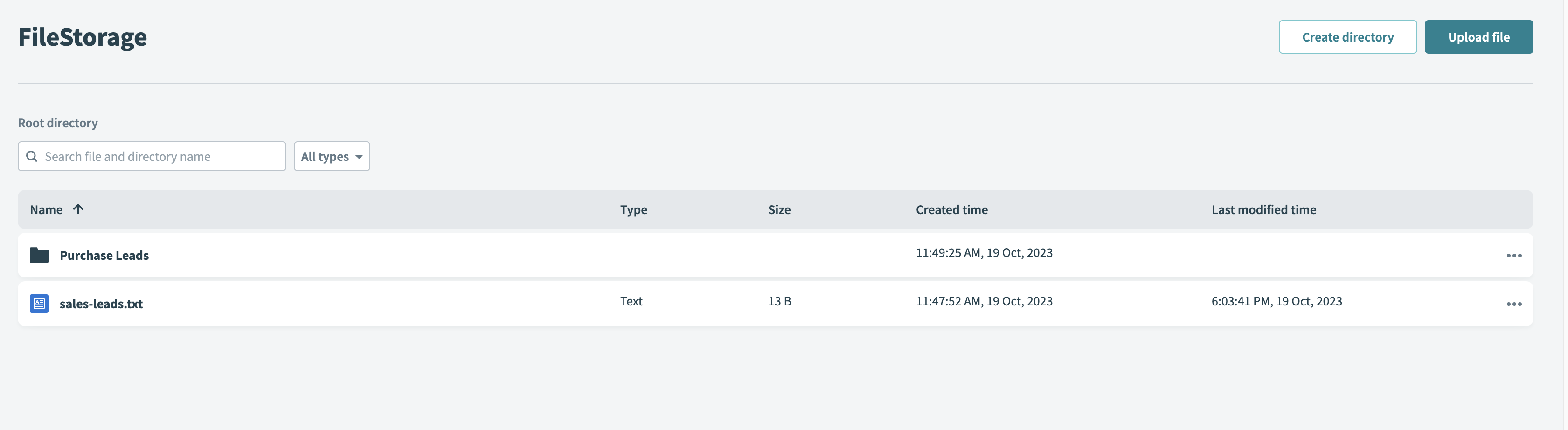 Browsing files and directories in the Workato FileStorage UI