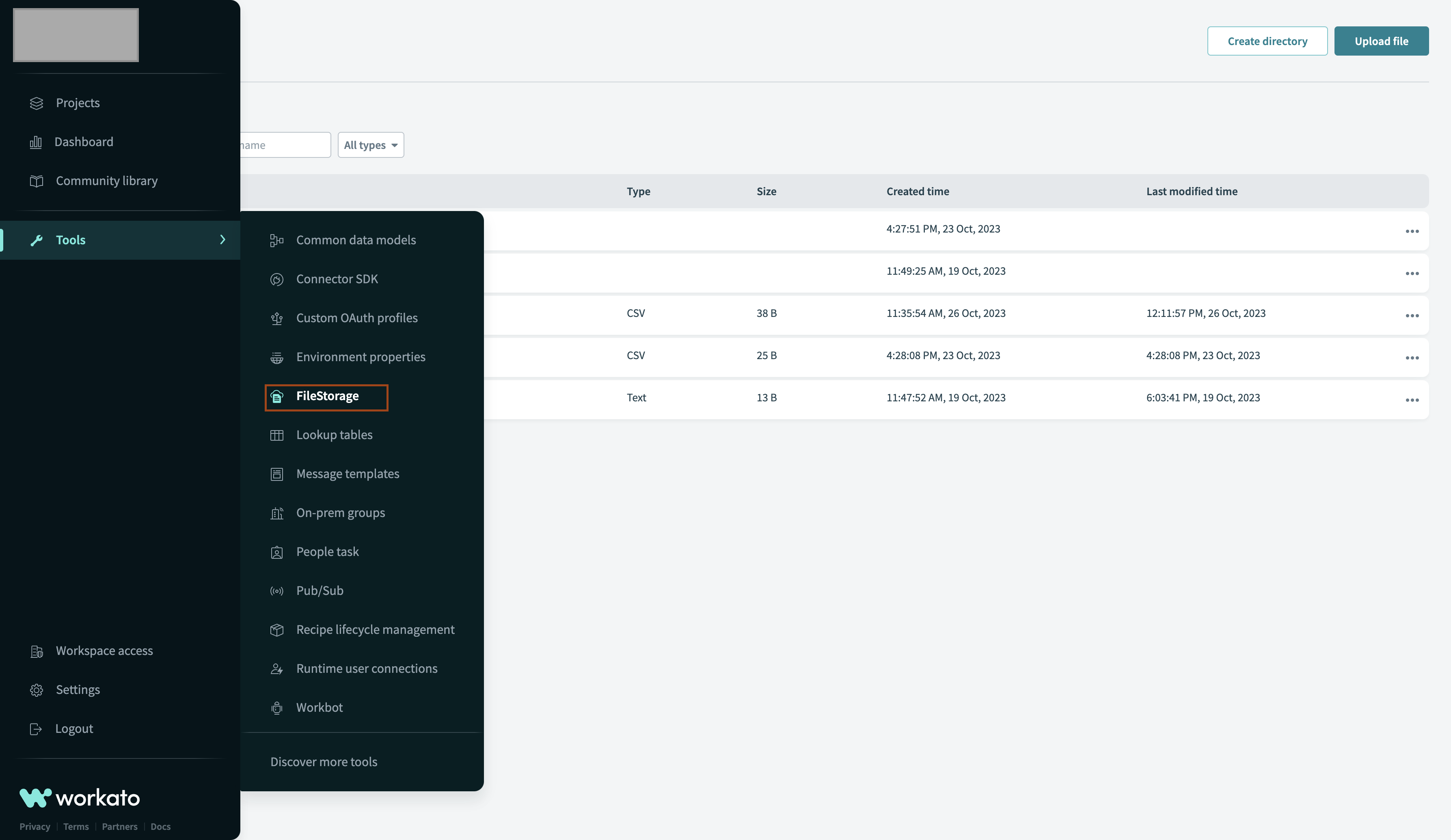 Workato FileStorage UI