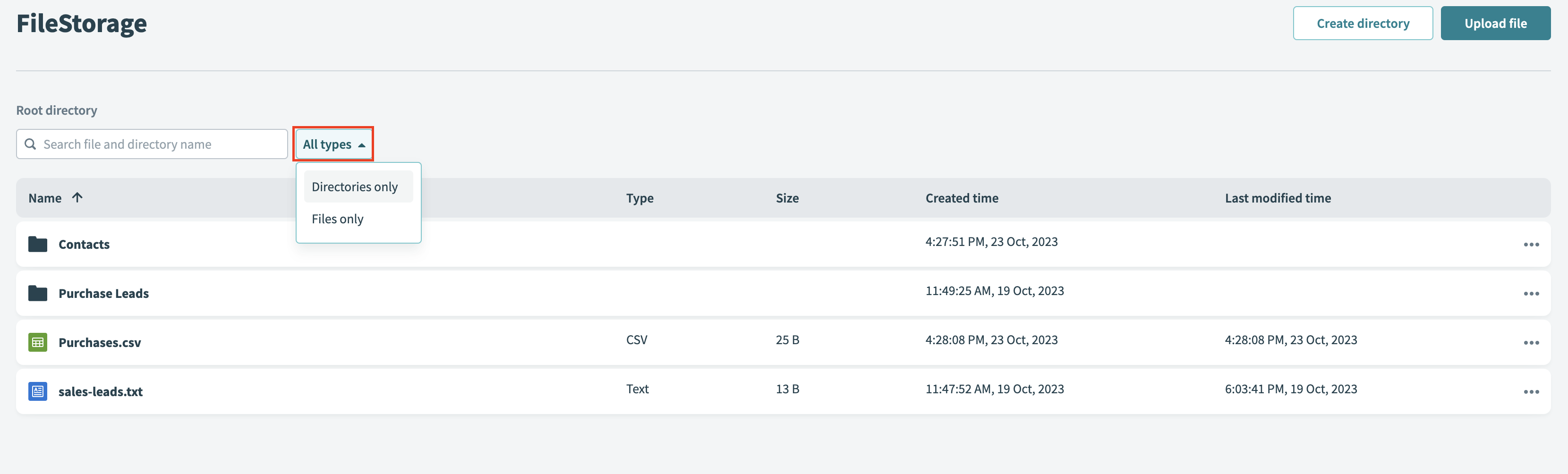 Searching FileStorage by all types, just files, or just directories