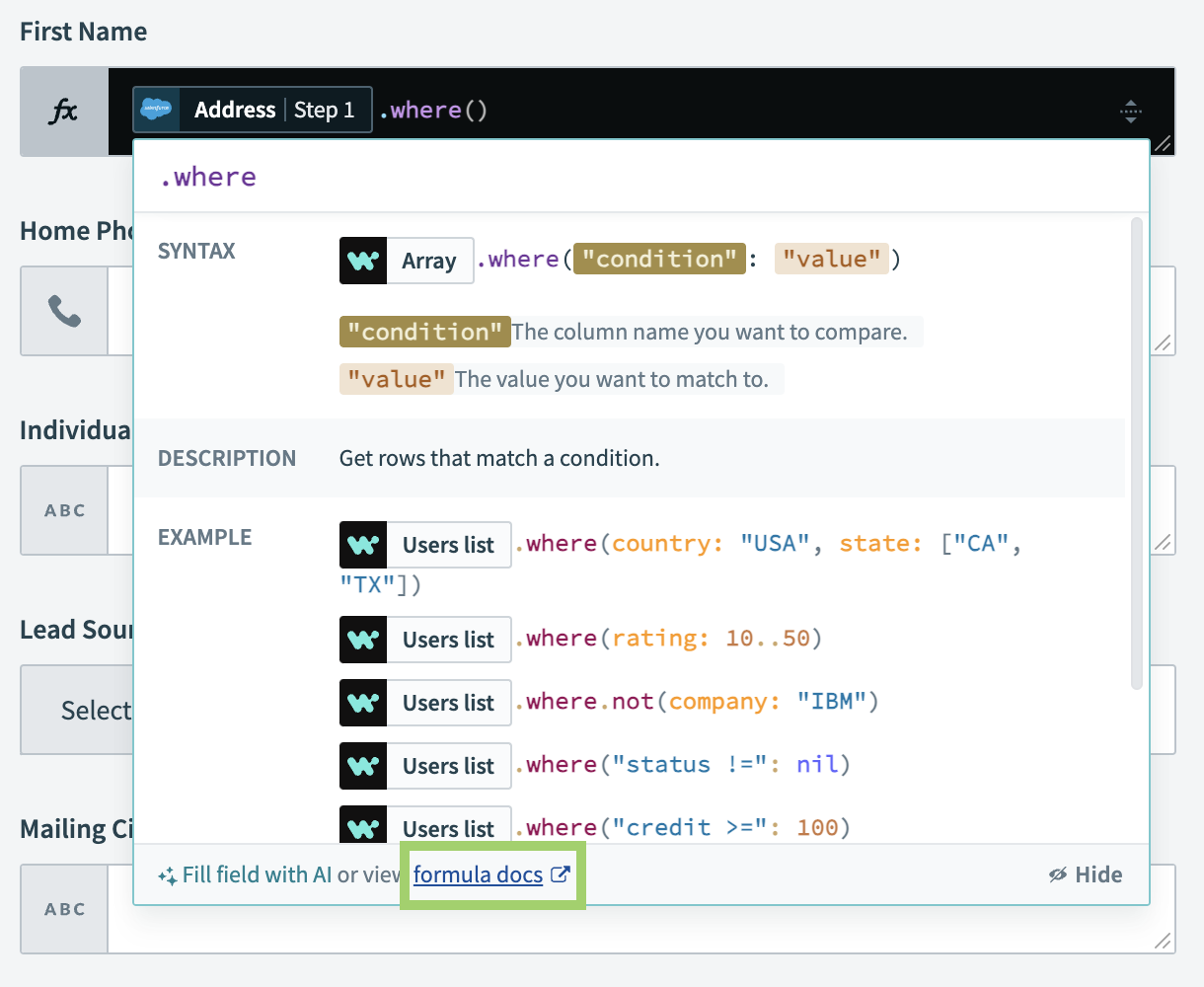 Link to formula documentation