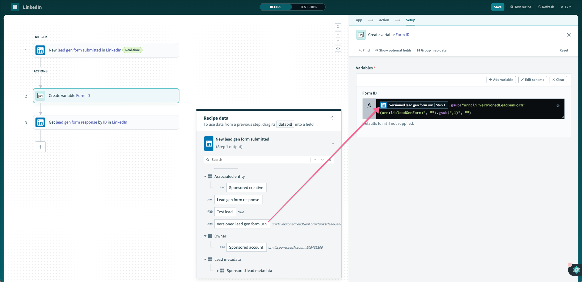 Use variables by Workato to store the form ID