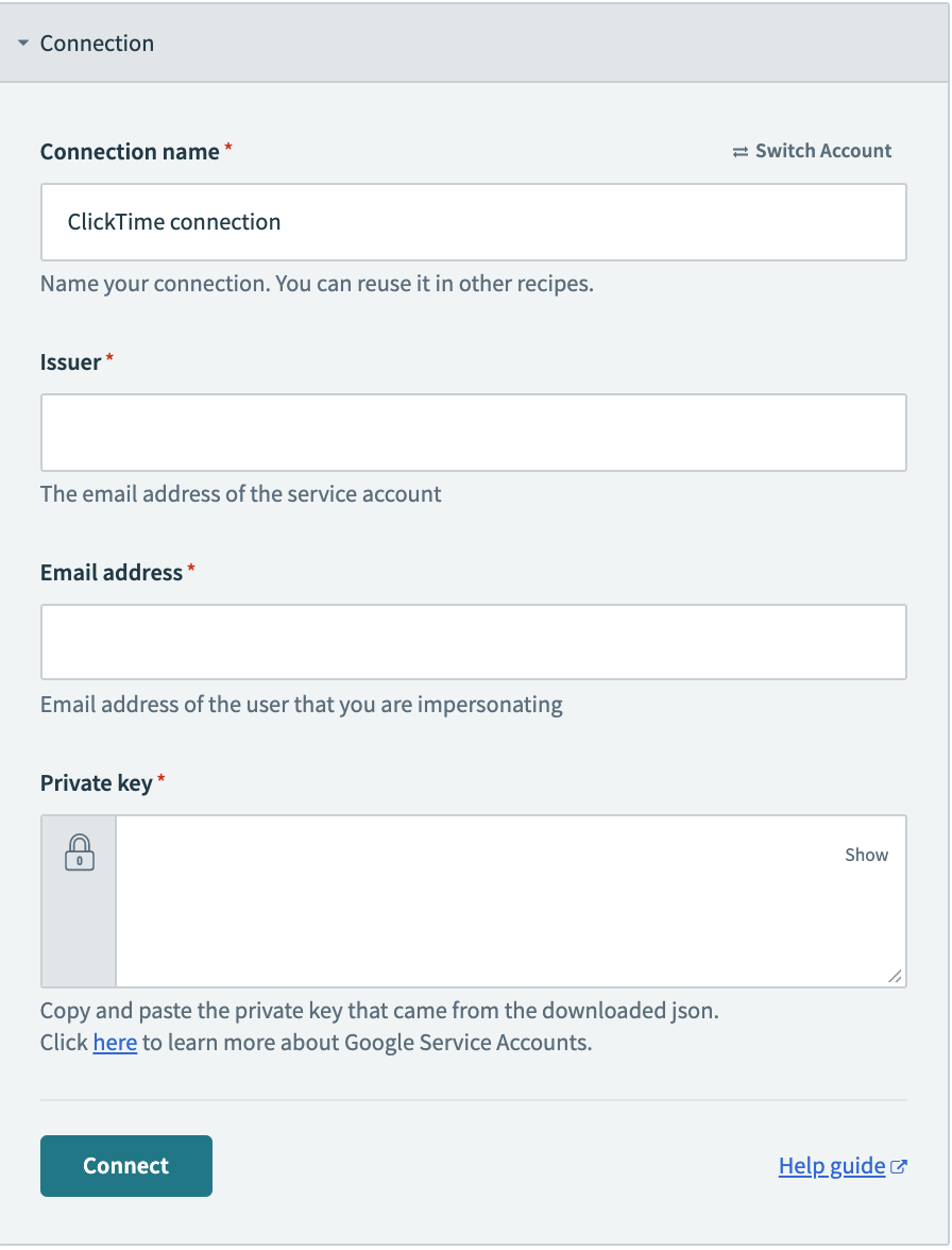 Configured Google calendar connection fields