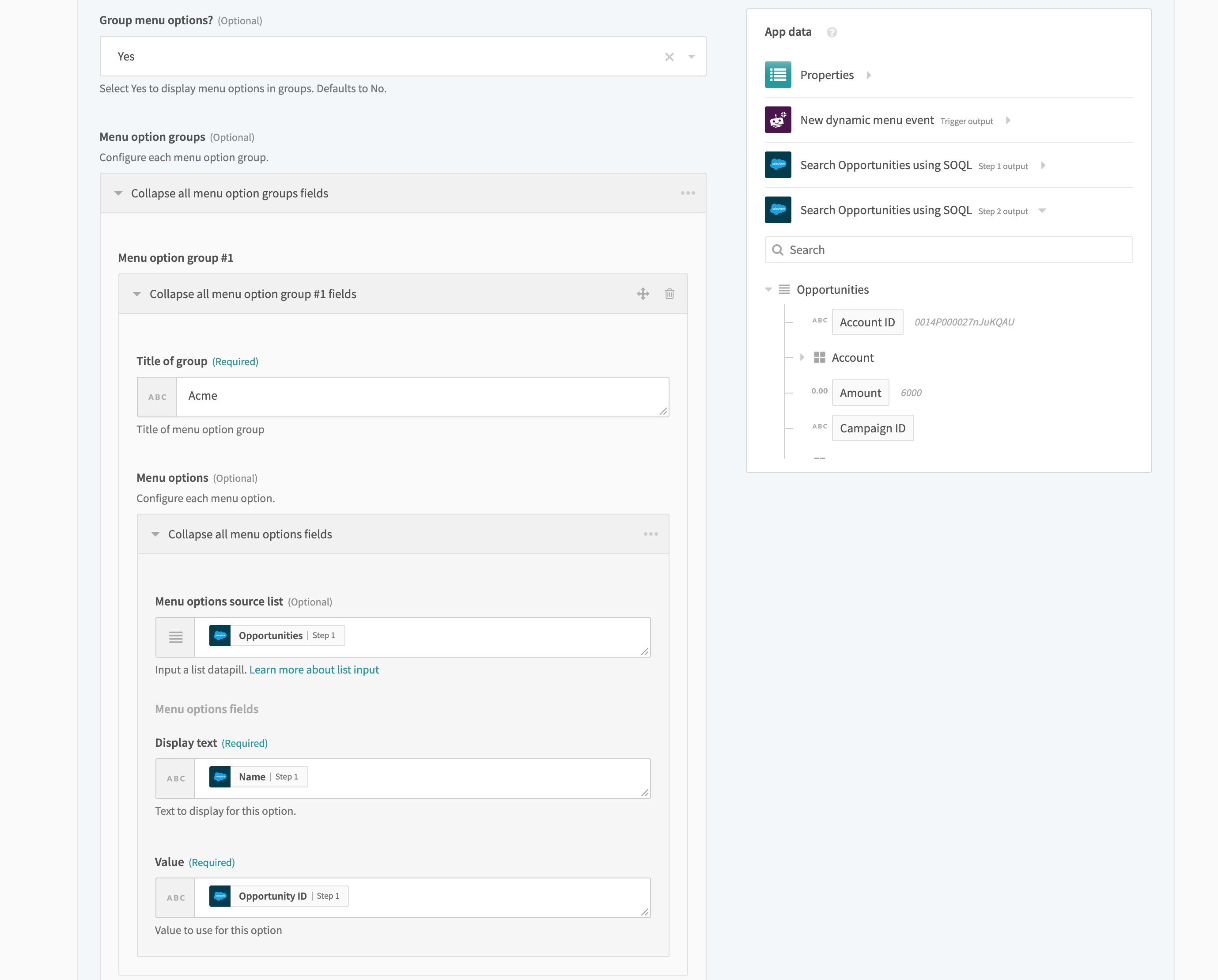 Grouped options in the recipe