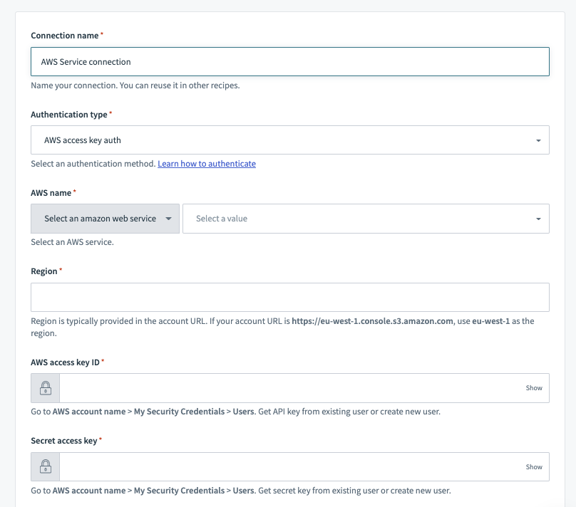 HTTP (AWS access key auth) connector's connection fields