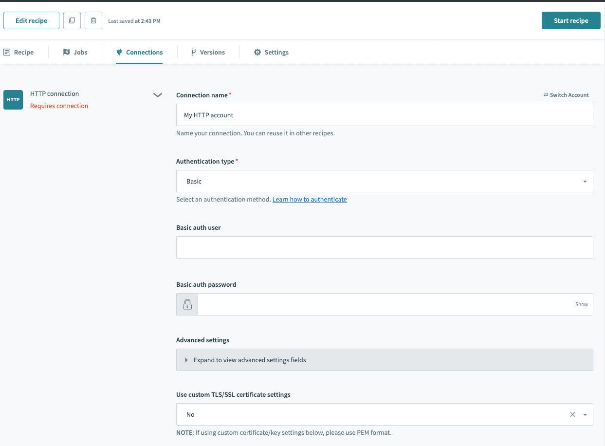 HTTP connector authentication type: Basic