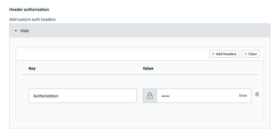 HTTP connector authentication type: Header auth