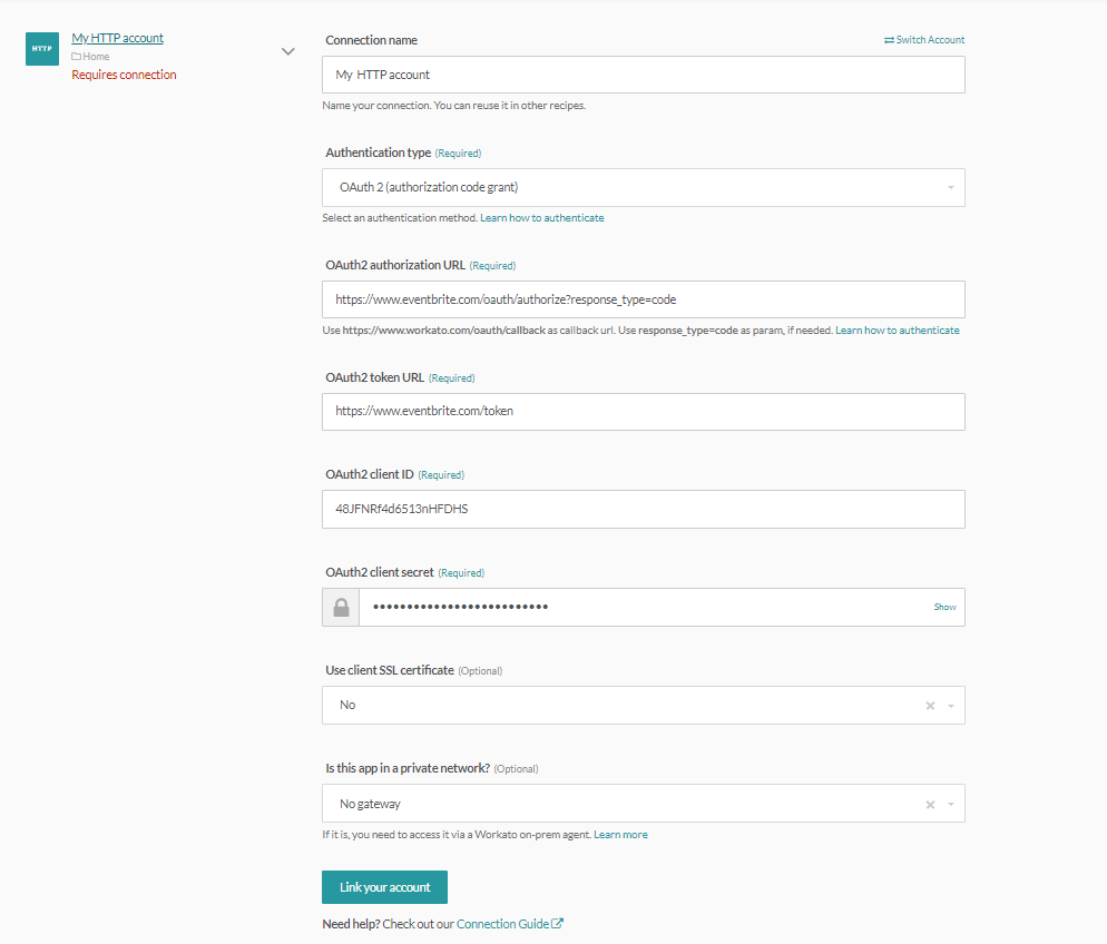 HTTP (OAuth2 auth code grant) connector's connection fields