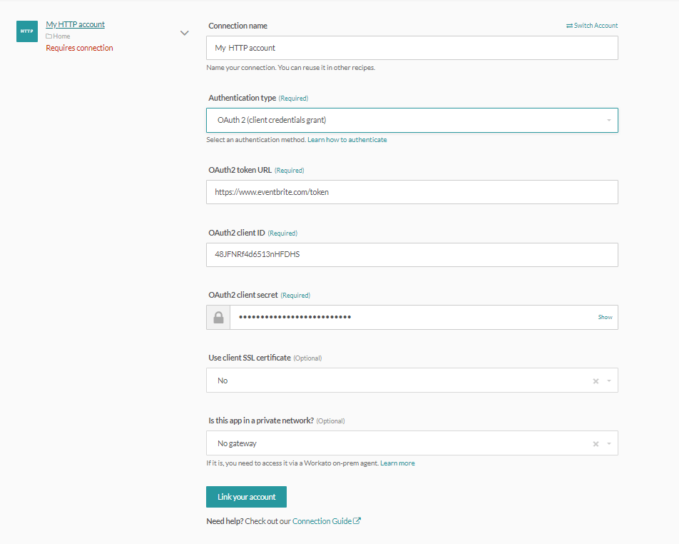 HTTP (OAuth2 client cred grant) connector's connection fields